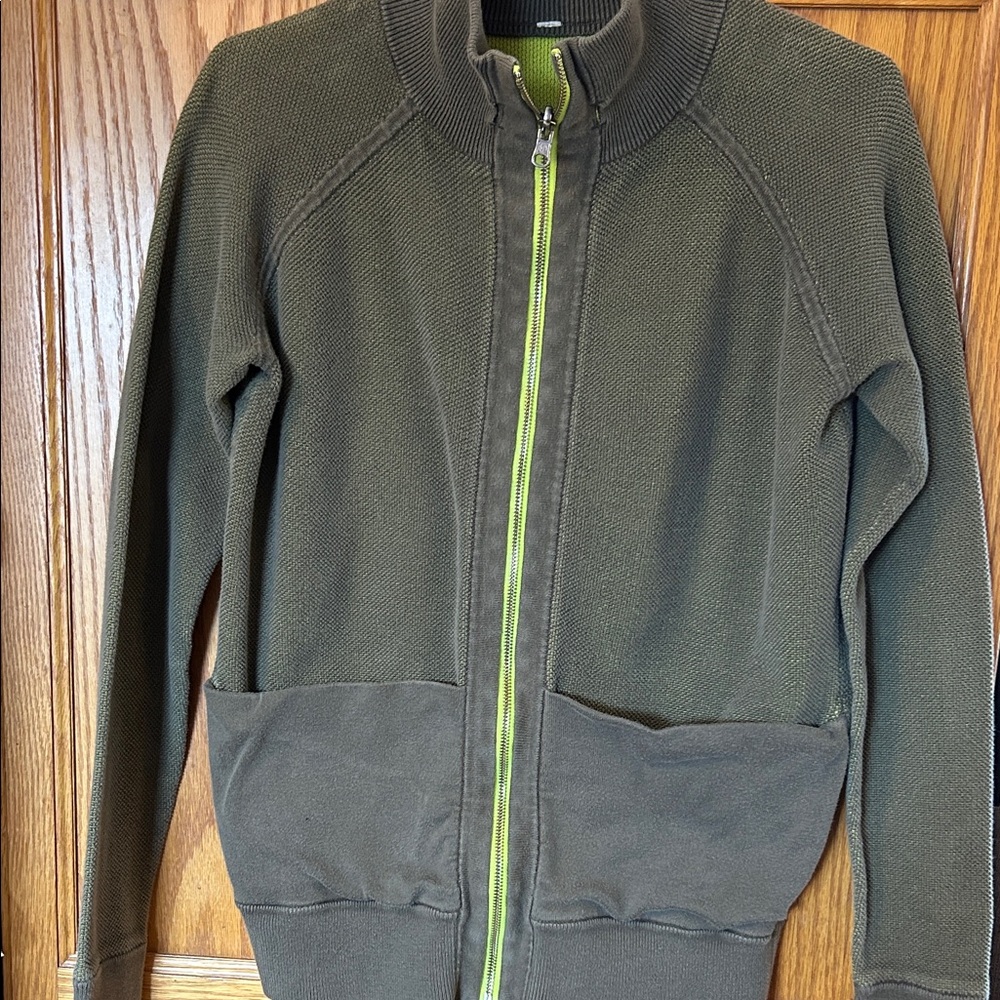 lululemon athletica Reversable Olive Green Zip-Up Sweater with Lime Zipper